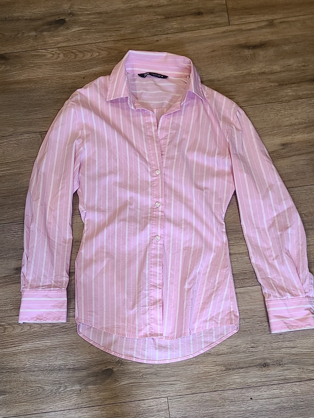 Zara Pink White Vertical Striped Long Sleeve Button Down Shirt Small